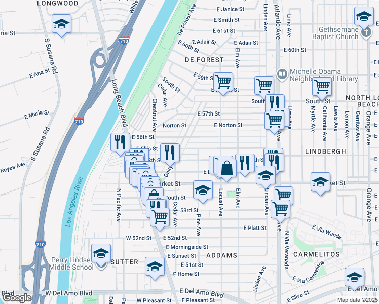 map of restaurants, bars, coffee shops, grocery stores, and more near 178 East Ellis Street in Long Beach