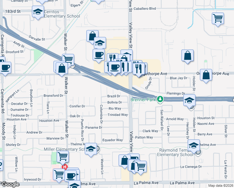 map of restaurants, bars, coffee shops, grocery stores, and more near 5865 Brazil Drive in Buena Park
