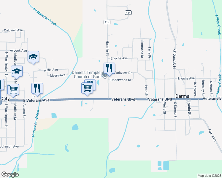 map of restaurants, bars, coffee shops, grocery stores, and more near 280 Hamilton Street in Calhoun City