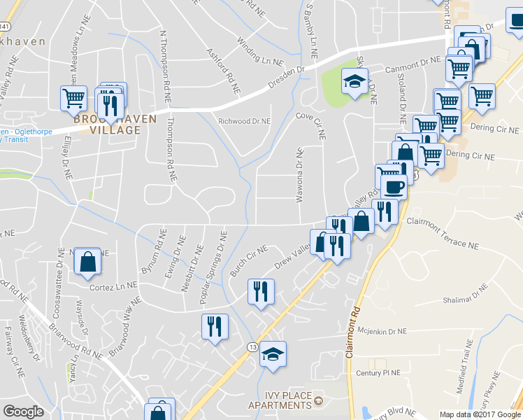 map of restaurants, bars, coffee shops, grocery stores, and more near 2425 Cove Circle Northeast in Atlanta