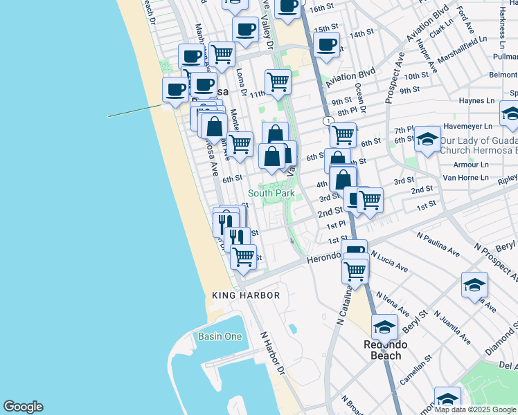 map of restaurants, bars, coffee shops, grocery stores, and more near 402 Monterey Boulevard in Hermosa Beach