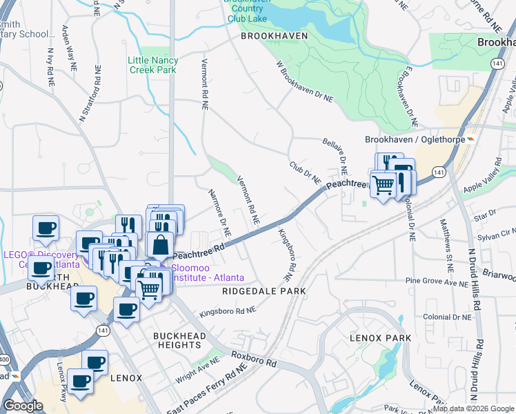 map of restaurants, bars, coffee shops, grocery stores, and more near 3725 Vermont Road Northeast in Atlanta