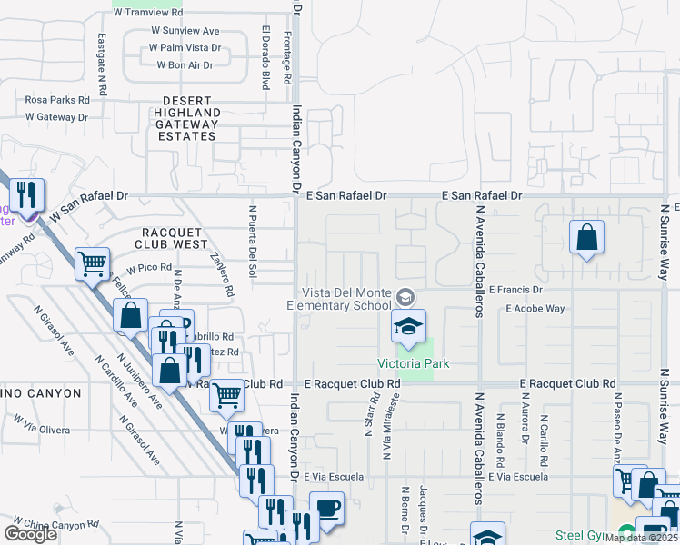 map of restaurants, bars, coffee shops, grocery stores, and more near 2875 East Wyman Drive in Palm Springs