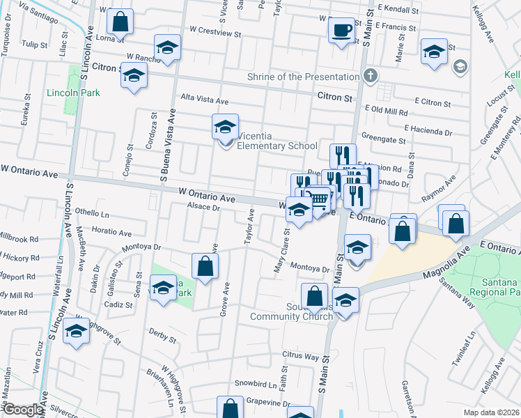 map of restaurants, bars, coffee shops, grocery stores, and more near 585 Lauren Marcella Drive in Corona