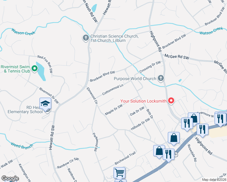 map of restaurants, bars, coffee shops, grocery stores, and more near 3362 Cottonwood Lane in Snellville