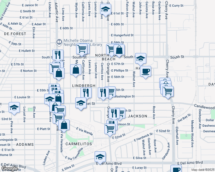 map of restaurants, bars, coffee shops, grocery stores, and more near 5513 Orange Avenue in Long Beach