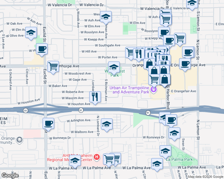 map of restaurants, bars, coffee shops, grocery stores, and more near 461 West Roberta Avenue in Fullerton