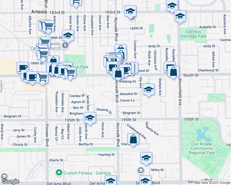 map of restaurants, bars, coffee shops, grocery stores, and more near 19106 Fagan Court in Cerritos