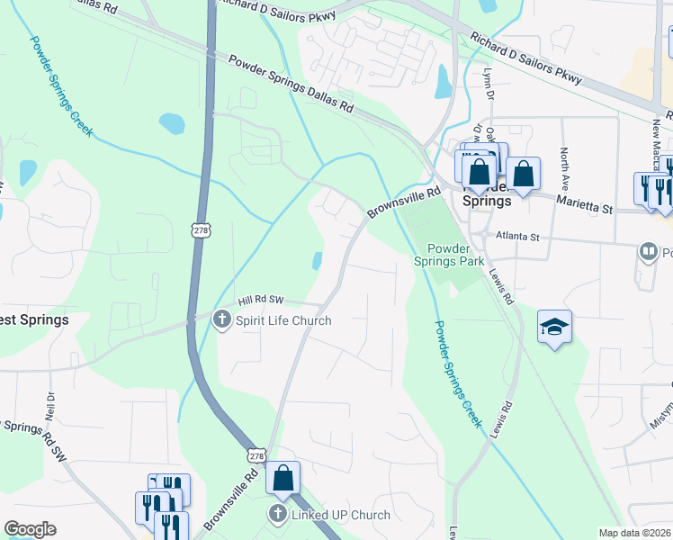 map of restaurants, bars, coffee shops, grocery stores, and more near 3980 Brownsville Road in Powder Springs