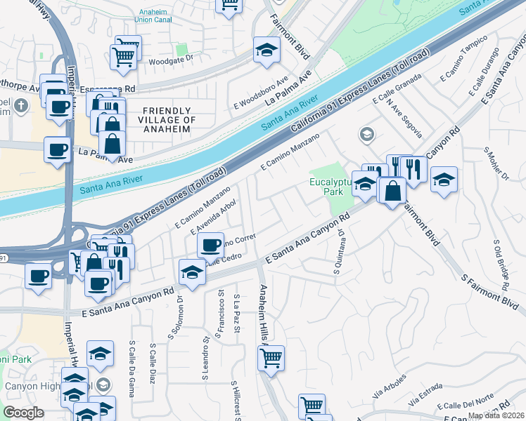map of restaurants, bars, coffee shops, grocery stores, and more near 6123 East Paseo Rio Azul in Anaheim