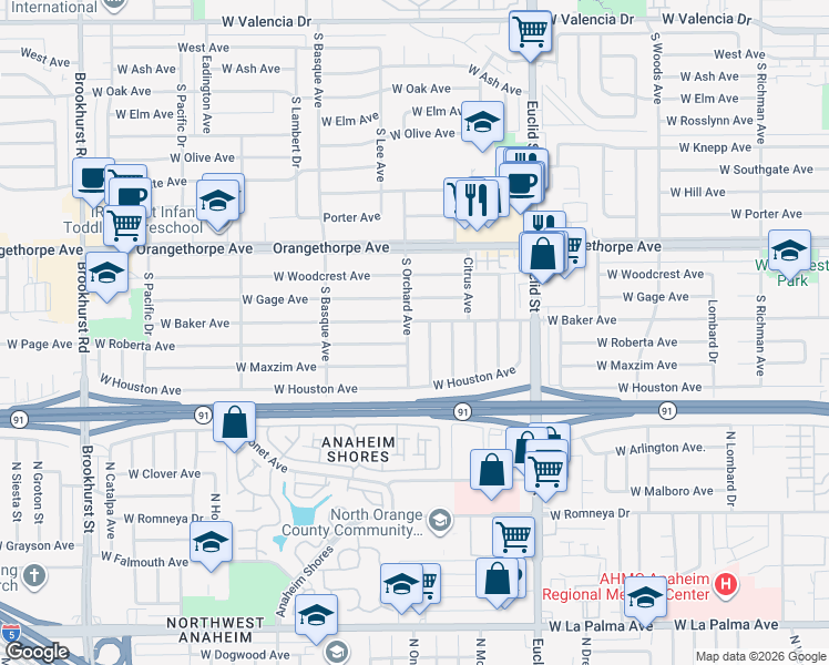 map of restaurants, bars, coffee shops, grocery stores, and more near 1438 South Orchard Avenue in Fullerton