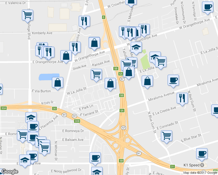 map of restaurants, bars, coffee shops, grocery stores, and more near 1020 Avenue De Pio Pico in Placentia