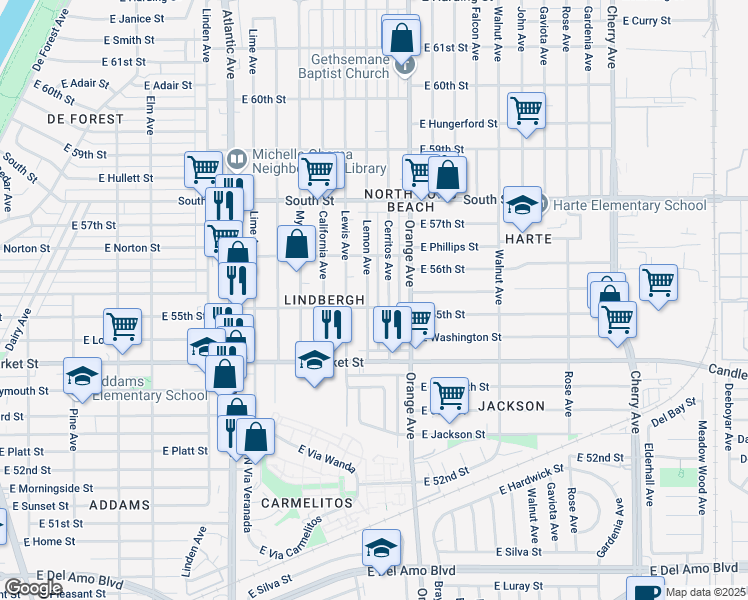 map of restaurants, bars, coffee shops, grocery stores, and more near 5510 Lemon Avenue in Long Beach
