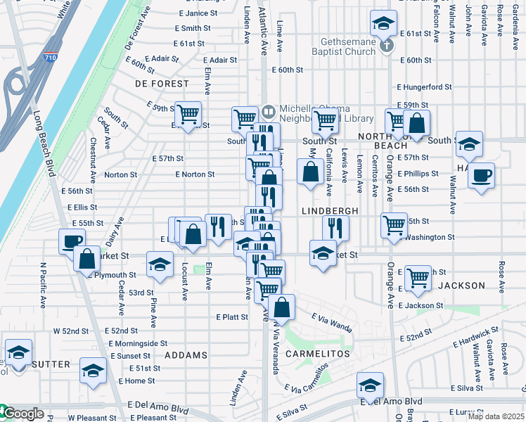 map of restaurants, bars, coffee shops, grocery stores, and more near 5507 Atlantic Avenue in Long Beach