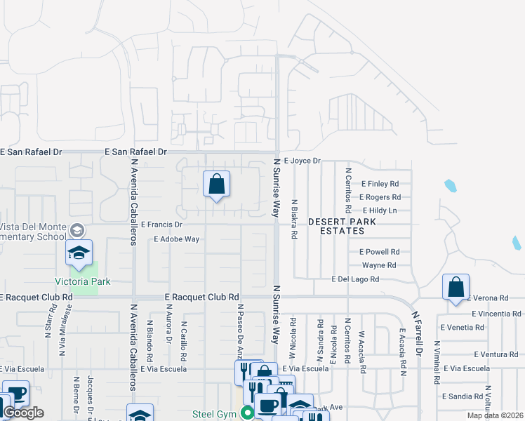 map of restaurants, bars, coffee shops, grocery stores, and more near 1630 Sunflower Court South in Palm Springs