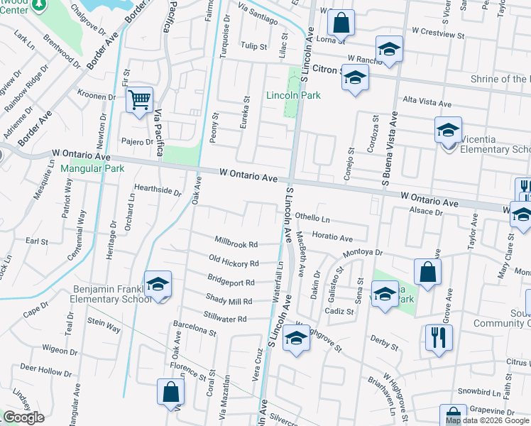 map of restaurants, bars, coffee shops, grocery stores, and more near 2345 Talbot Circle in Corona