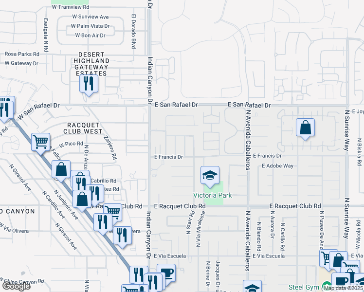 map of restaurants, bars, coffee shops, grocery stores, and more near 2889 North Davis Way in Palm Springs
