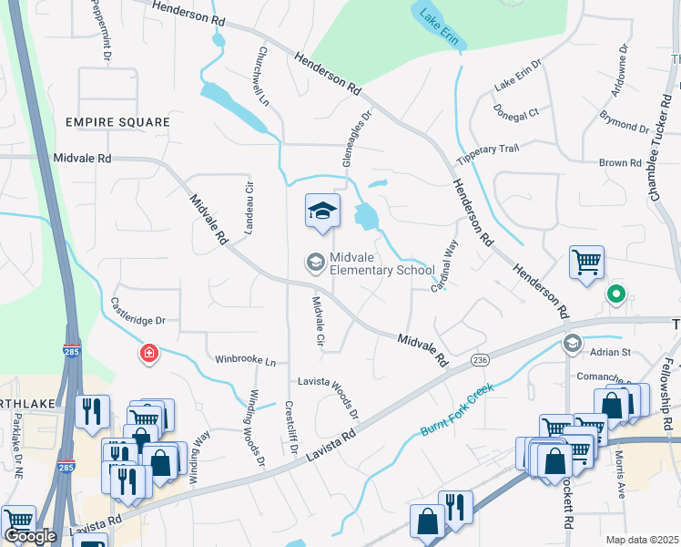 map of restaurants, bars, coffee shops, grocery stores, and more near 2511 Gleneagles Drive in Tucker