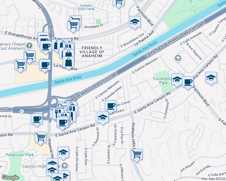 map of restaurants, bars, coffee shops, grocery stores, and more near 6033 E Avenida Arbol in Anaheim