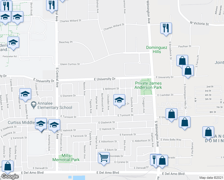 map of restaurants, bars, coffee shops, grocery stores, and more near 19203 Broadacres Avenue in Carson