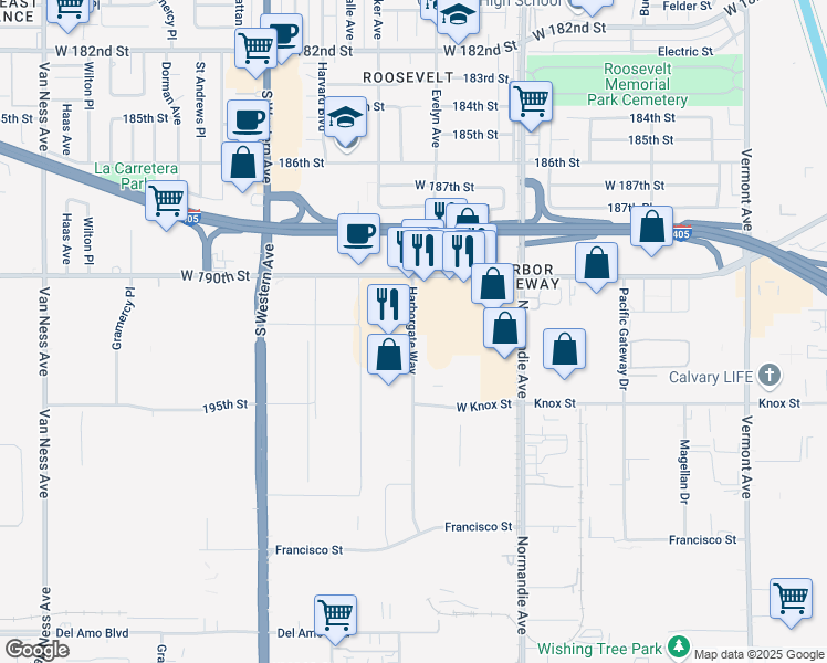 map of restaurants, bars, coffee shops, grocery stores, and more near 19150 Harborgate Way in Torrance