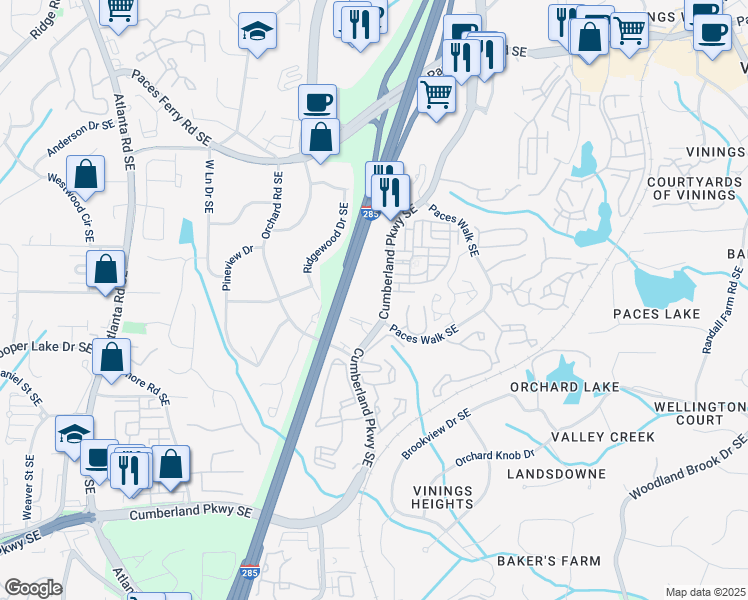 map of restaurants, bars, coffee shops, grocery stores, and more near 2255 Cumberland Parkway Southeast in Atlanta