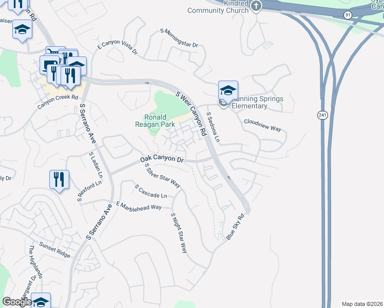 map of restaurants, bars, coffee shops, grocery stores, and more near 885 South Country Glen Way in Anaheim