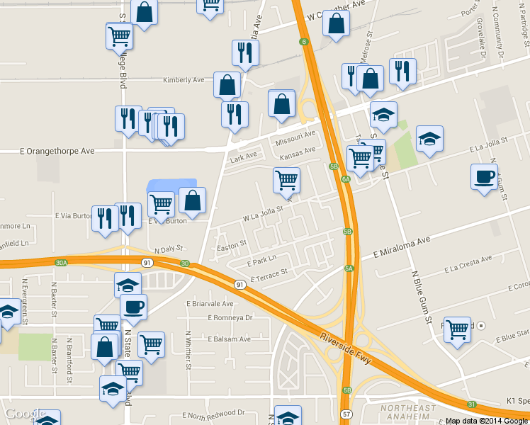 map of restaurants, bars, coffee shops, grocery stores, and more near 600 West La Jolla Street in Placentia