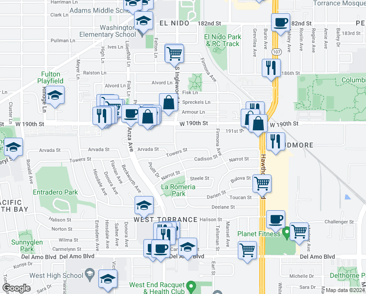 map of restaurants, bars, coffee shops, grocery stores, and more near 4753 Towers Street in Torrance
