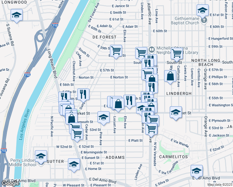 map of restaurants, bars, coffee shops, grocery stores, and more near 314 East Ellis Street in Long Beach