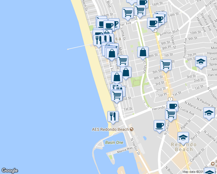 map of restaurants, bars, coffee shops, grocery stores, and more near 420 The Strand in Hermosa Beach
