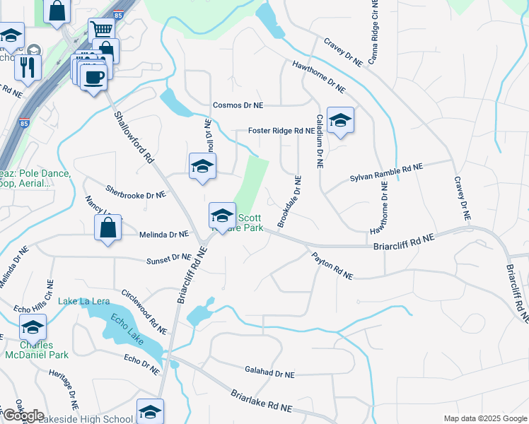 map of restaurants, bars, coffee shops, grocery stores, and more near 2743 Overlook Drive Northeast in Atlanta