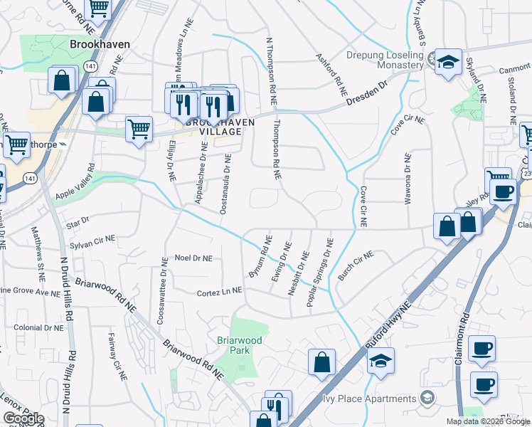 map of restaurants, bars, coffee shops, grocery stores, and more near 1442 Bates Court Northeast in Atlanta