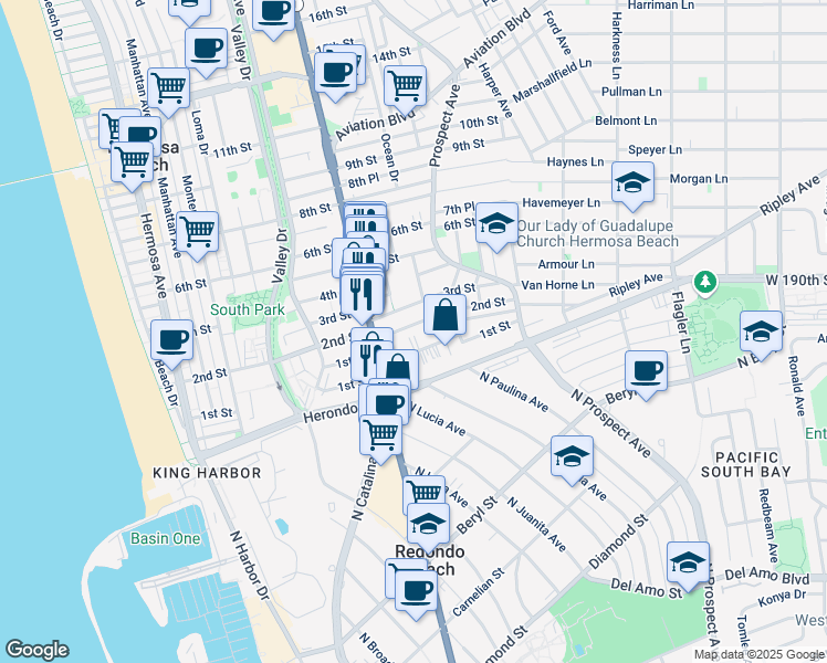 map of restaurants, bars, coffee shops, grocery stores, and more near 922 2nd Street in Hermosa Beach