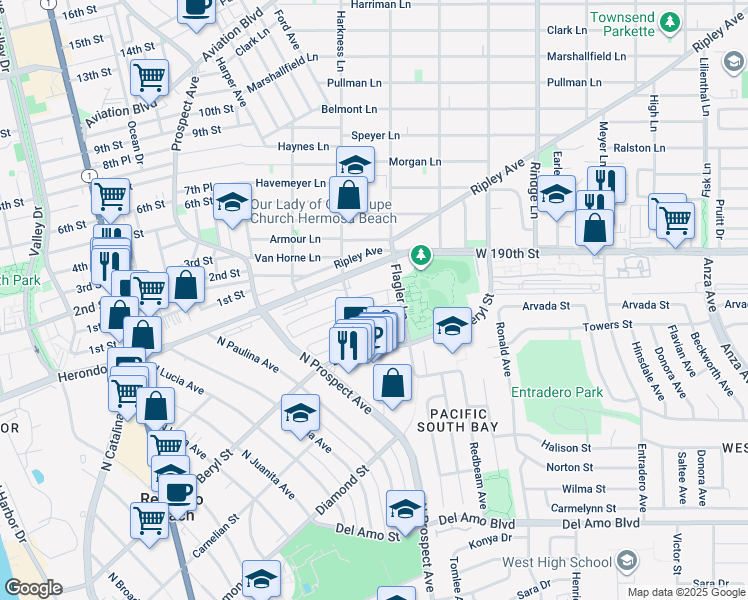 map of restaurants, bars, coffee shops, grocery stores, and more near 1310 Agate Street in Redondo Beach