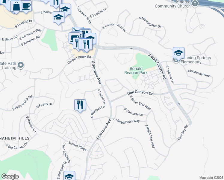 map of restaurants, bars, coffee shops, grocery stores, and more near 938 South Lone Pine Lane in Anaheim