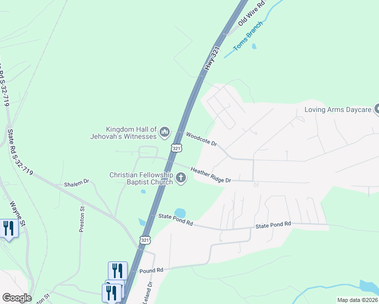 map of restaurants, bars, coffee shops, grocery stores, and more near 9000 U.S. 321 in Gaston