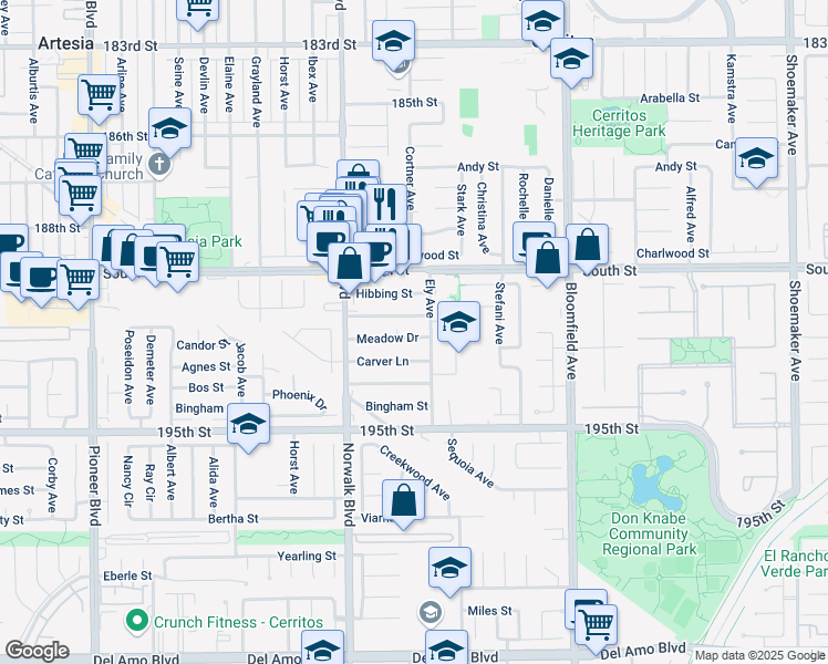 map of restaurants, bars, coffee shops, grocery stores, and more near 12317 192nd Street in Artesia