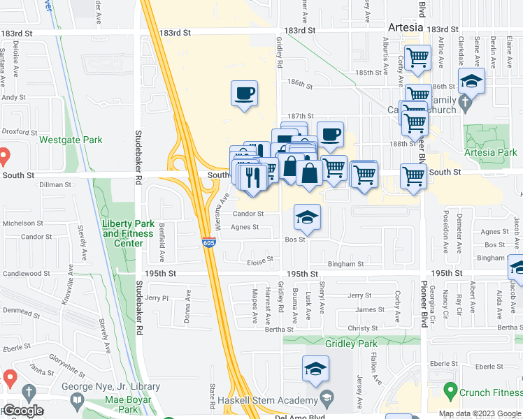 map of restaurants, bars, coffee shops, grocery stores, and more near 11339 Candor Street in Cerritos