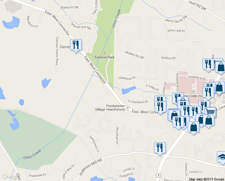 map of restaurants, bars, coffee shops, grocery stores, and more near 2222 East-West Connector in Marietta