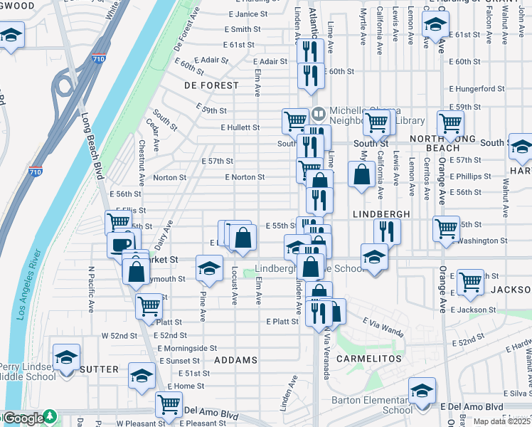 map of restaurants, bars, coffee shops, grocery stores, and more near 416 East Ellis Street in Long Beach
