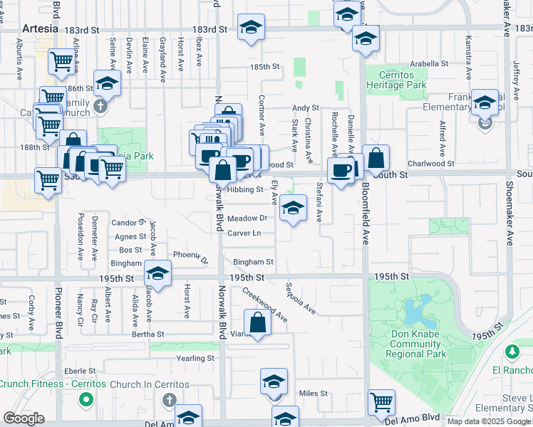 map of restaurants, bars, coffee shops, grocery stores, and more near 12317 192nd Street in Artesia
