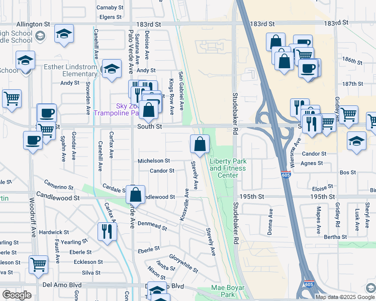 map of restaurants, bars, coffee shops, grocery stores, and more near 6638 Bigelow Street in Lakewood