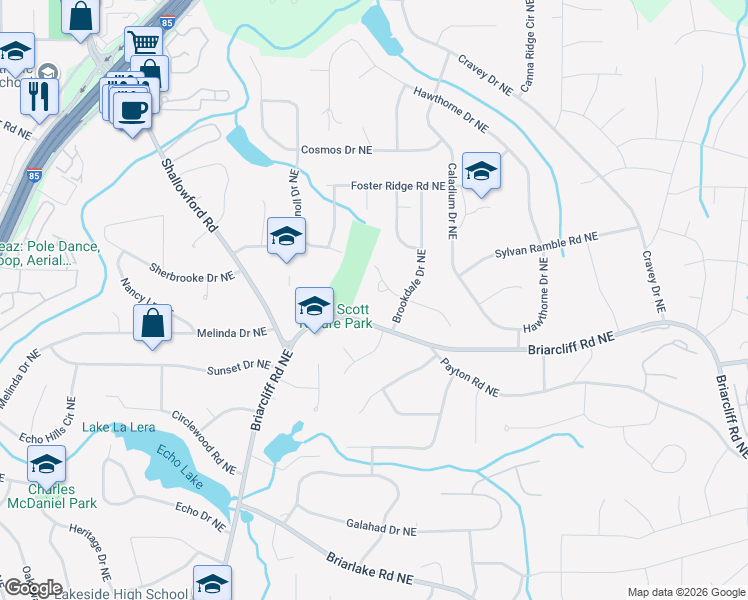 map of restaurants, bars, coffee shops, grocery stores, and more near 2743 Overlook Drive Northeast in Atlanta