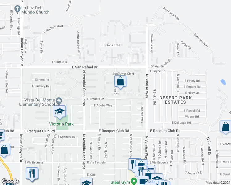 map of restaurants, bars, coffee shops, grocery stores, and more near North Hermosa Drive & Sunflower Circle South in Palm Springs