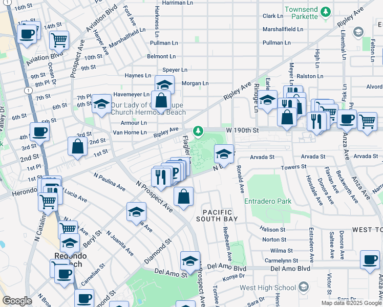 map of restaurants, bars, coffee shops, grocery stores, and more near 298 Flagler Lane in Redondo Beach
