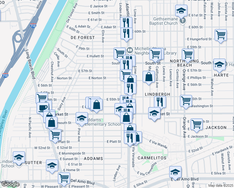 map of restaurants, bars, coffee shops, grocery stores, and more near 484 East Ellis Street in Long Beach