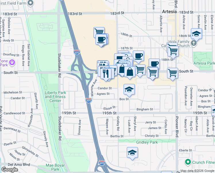 map of restaurants, bars, coffee shops, grocery stores, and more near 11327 Candor Street in Cerritos