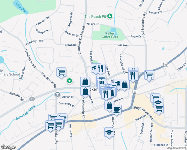 map of restaurants, bars, coffee shops, grocery stores, and more near 5036 Lavista Road in Tucker