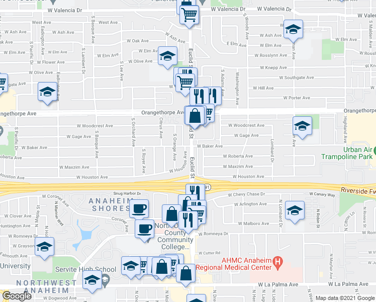 map of restaurants, bars, coffee shops, grocery stores, and more near 1000 West Houston Avenue in Fullerton